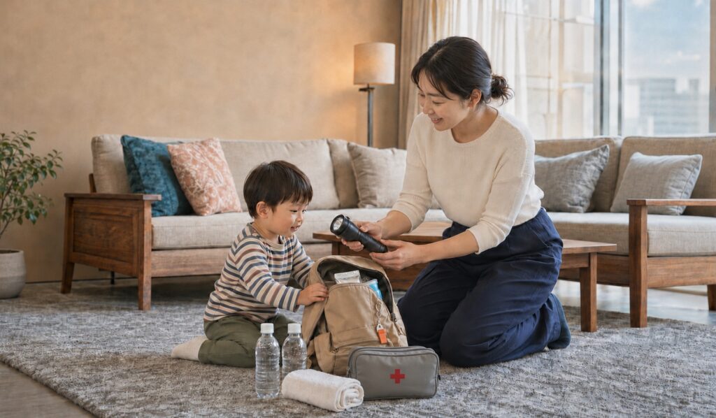リビングで非常用持ち出し袋と防災グッズを確認する日本人の母親と幼児の男の子