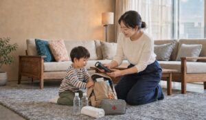 リビングで非常用持ち出し袋と防災グッズを確認する日本人の母親と幼児の男の子