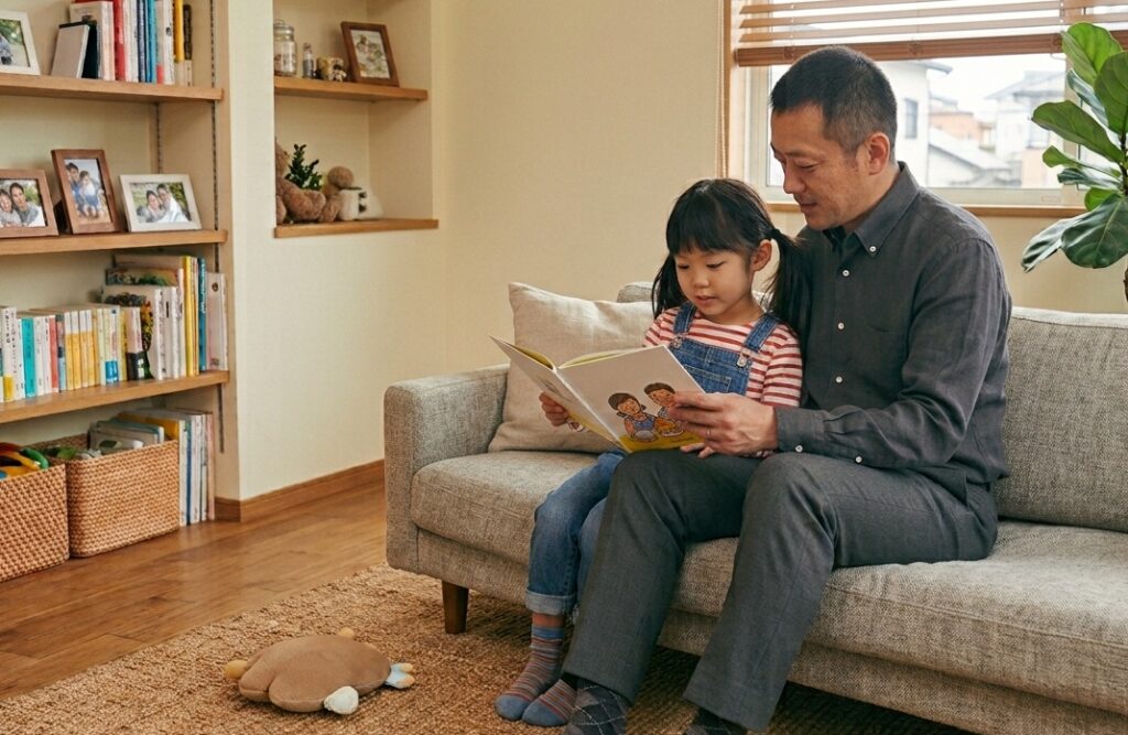 自宅で子どもと一緒に防災絵本を読み、防災意識を育む父親と女の子