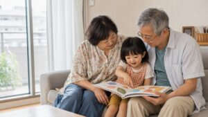 おじいちゃん・おばあちゃんと一緒に絵本を読む女の幼児