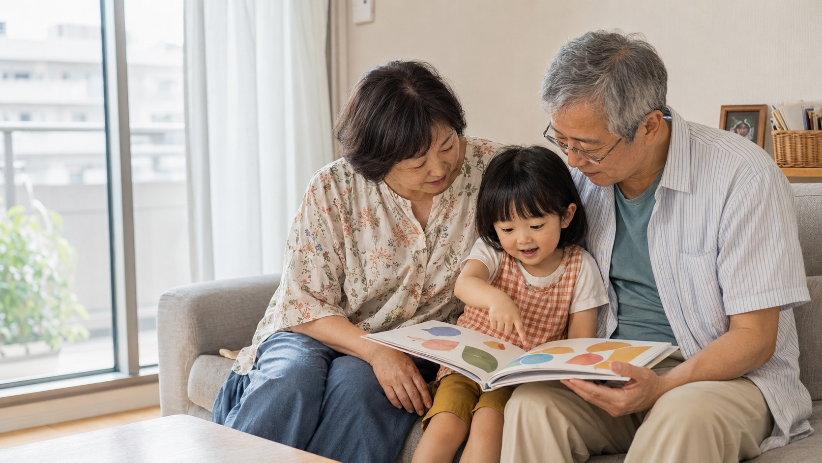 おじいちゃん・おばあちゃんと一緒に絵本を読む女の幼児