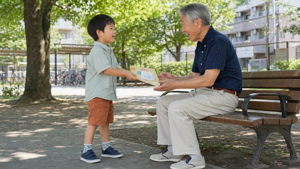 公園でおじいちゃんに絵本と手描きの絵を渡す男の幼児