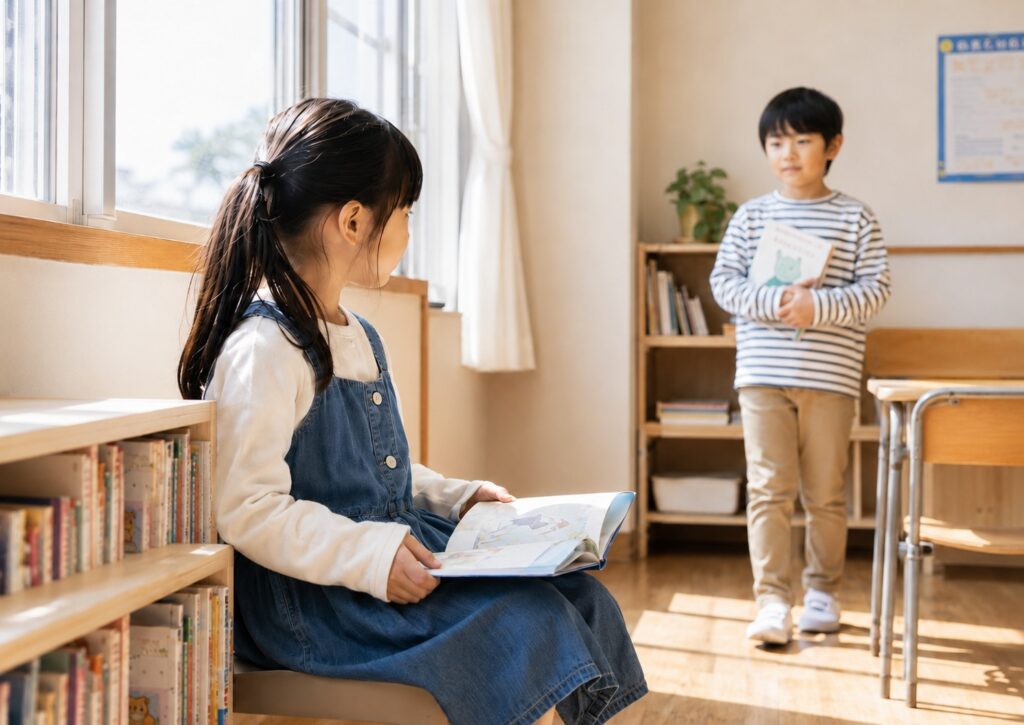 教室の窓辺で絵本を読む女の子と、本を持って近づく男の子