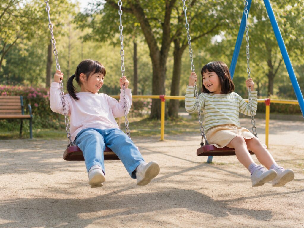 公園のブランコで楽しそうに遊ぶ二人の女の子
