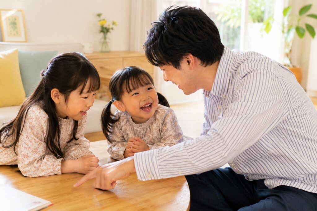 絵本を囲み、楽しそうに読み聞かせを楽しむ父親と3歳・5歳くらいの女の子