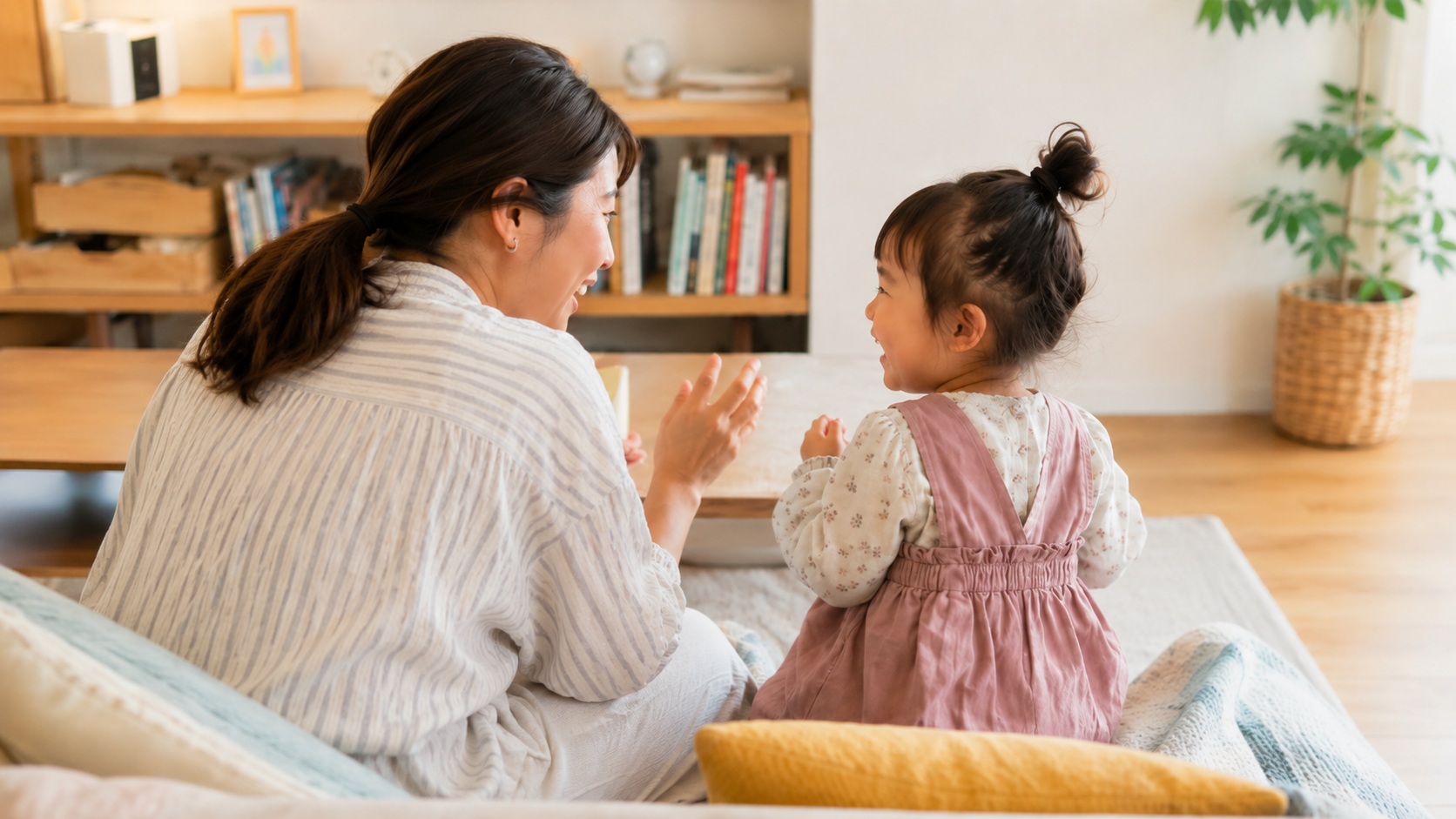絵本を囲み、楽しそうに読み聞かせをする母親と3歳くらいの女の子の後ろ姿