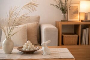 リビングに飾られた月見団子とうさぎの置き物、すすき風の草花