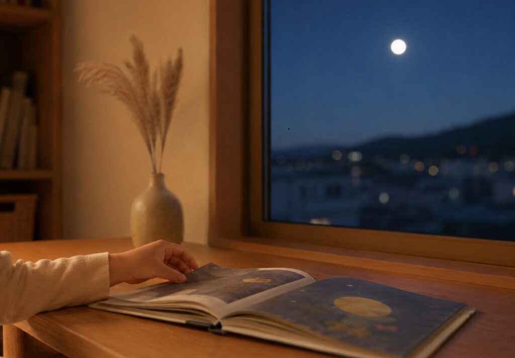 月の見える秋の夜に、窓辺で絵本をめくる子どもの手元
