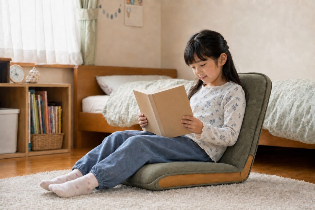 子ども部屋の座椅子でブックカバーをかけた児童書を読む小学3年生くらいの女の子