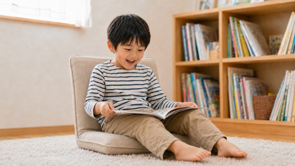 座椅子でくつろぎながら楽しそうに絵本を読む5歳くらいの男の子