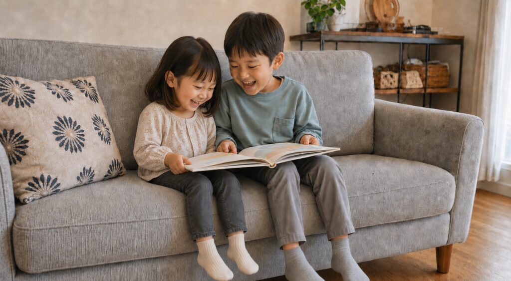 ソファーで一緒に絵本を読みながら楽しそうに笑う幼いきょうだい