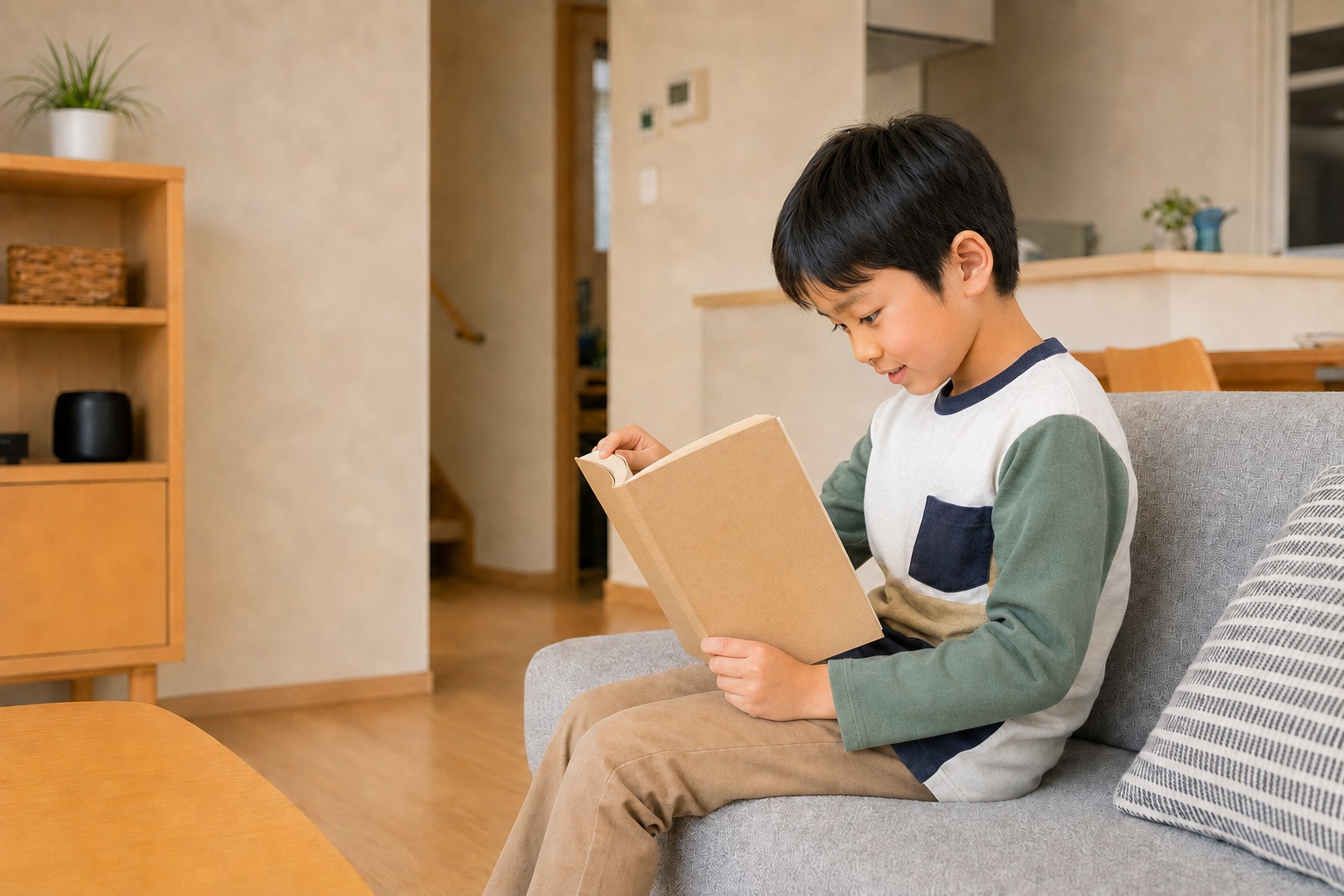 ブックカバーをかけた本を夢中で読む小学2年生くらいの男の子