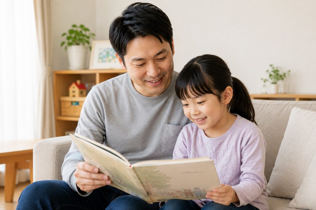 リビングでお父さんと6歳くらいの女の子が一緒に絵本を読んでいる様子