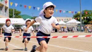 白帽子と赤帽子をかぶった子どもたちが運動会のかけっこでゴールへ向かう様子