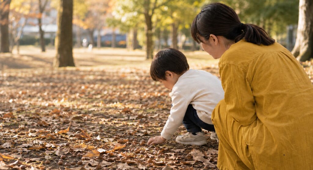 秋の公園でどんぐりを見つける3歳くらいの男の子とそれを見守る母親