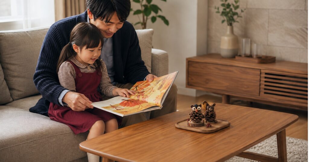 マンションのリビングで秋の絵本を読む日本人の父親と4〜5歳の女の子