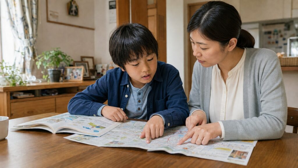 防災本と地域の地図を広げ、避難経路を確認する小学生と母親