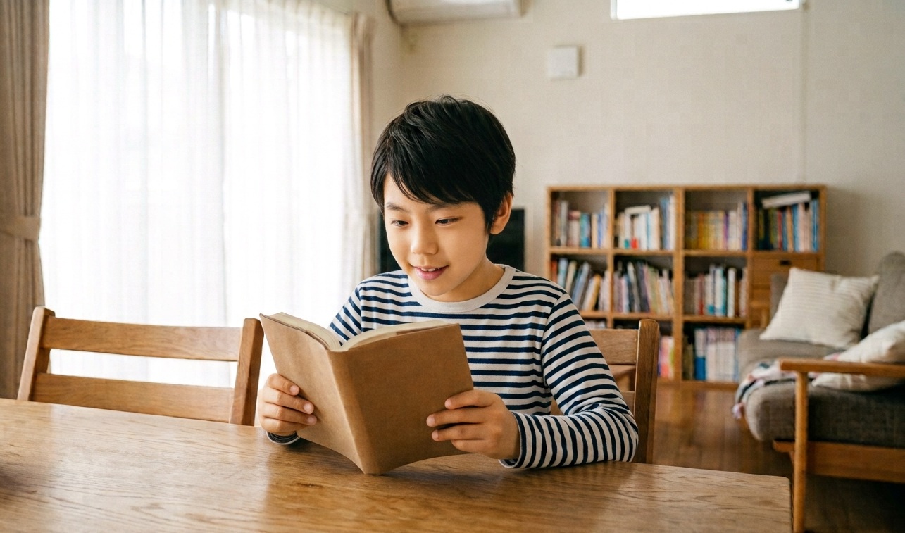 リビングで開いた本を夢中で読む小学校3年~4年生くらいの男の子