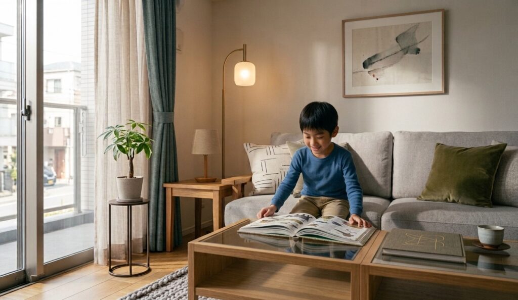 リビングのソファで図鑑を夢中で読む小3年生くらいの男の子