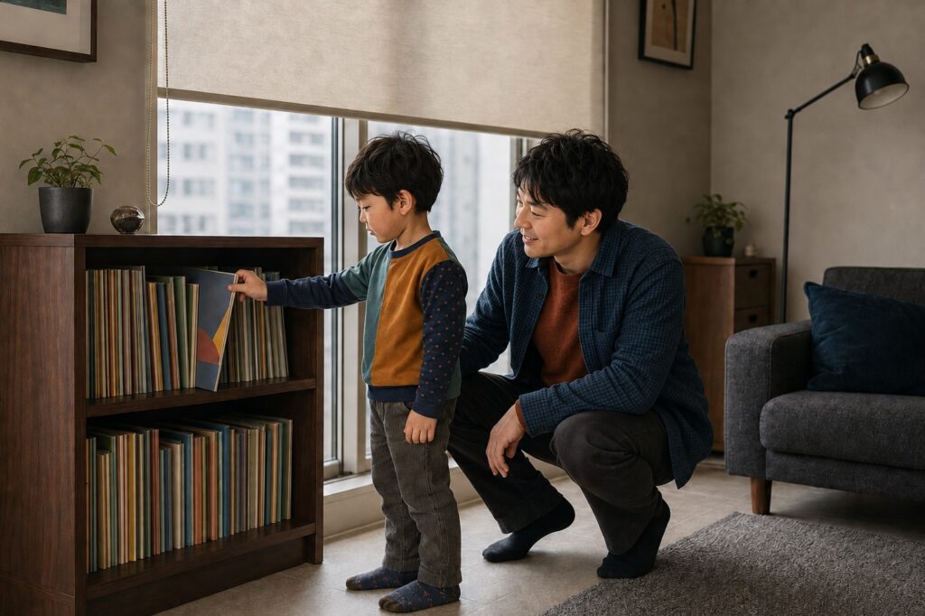 本棚から絵本を選ぶ日本人の男の子と、そばで見守る父親