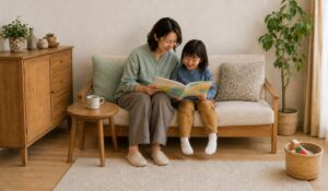 ソファに座り、開いた絵本を一緒に楽しむ日本人の親子