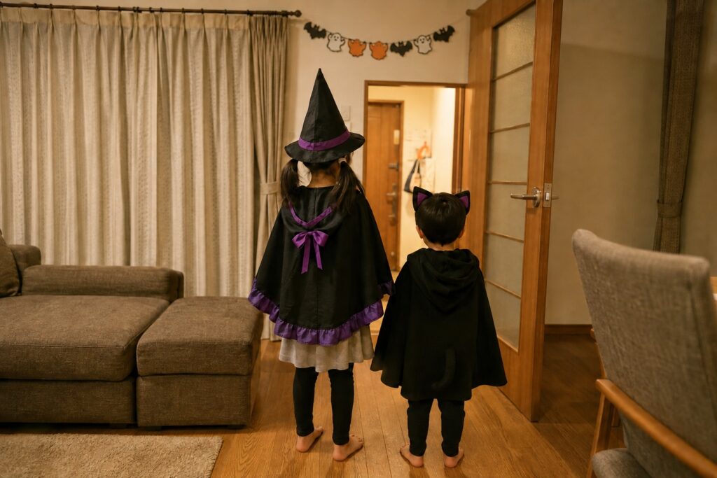 リビングでハロウィンの仮装を楽しむ幼いきょうだいの後ろ姿
