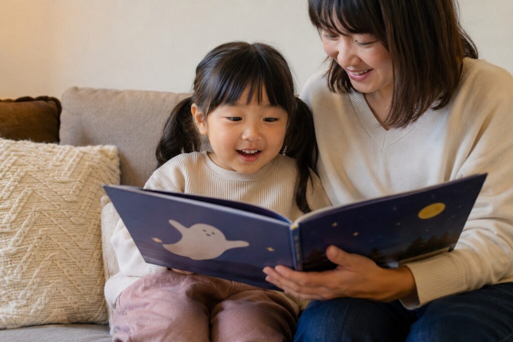 母親と一緒にハロウィンの絵本を楽しむ幼い女の子