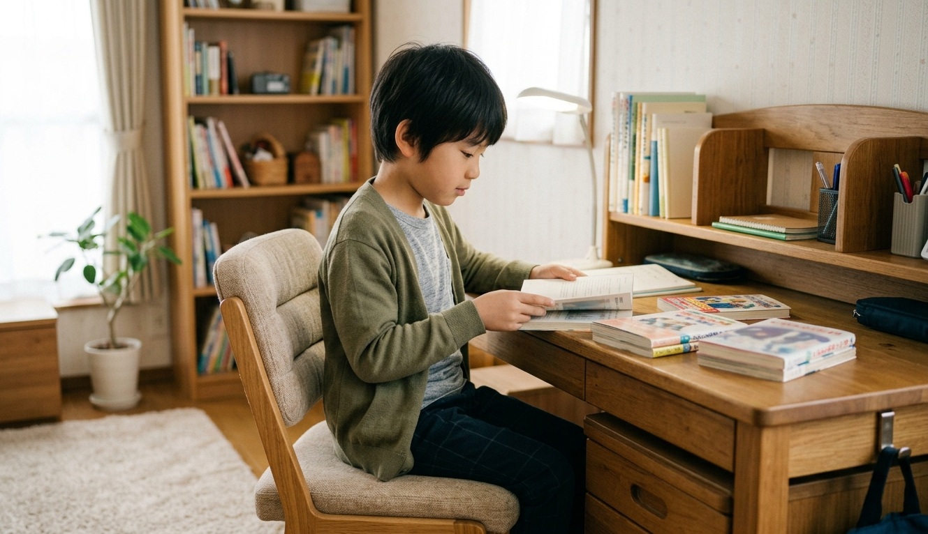 学習漫画の本を複数冊学習机に置いて読む小学生の男の子