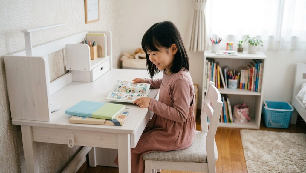 学習漫画の本を学習机で楽しそうに読む小学生の女の子