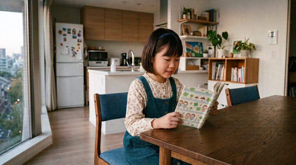 マンションのダイニングで、ブックカバーをかけた児童文庫を読む9歳~10歳くらいの女の子
