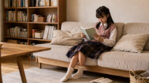 本棚のあるリビングで、ブックカバーをかけた児童文庫を読む9歳～10歳くらいの女の子