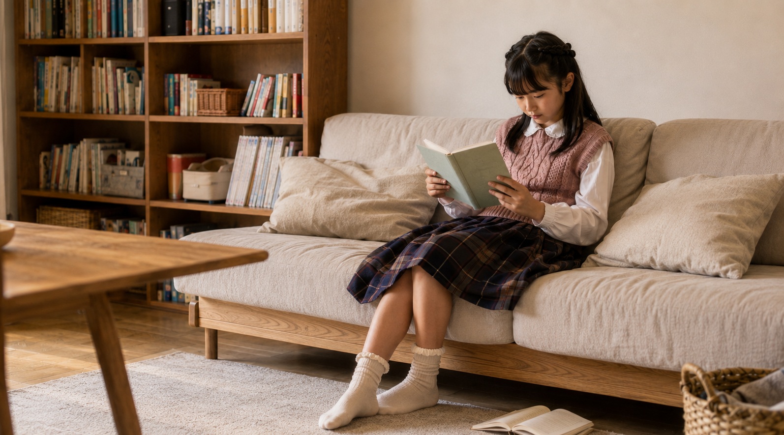 本棚のあるリビングで、ブックカバーをかけた児童文庫を読む9歳~10歳くらいの女の子