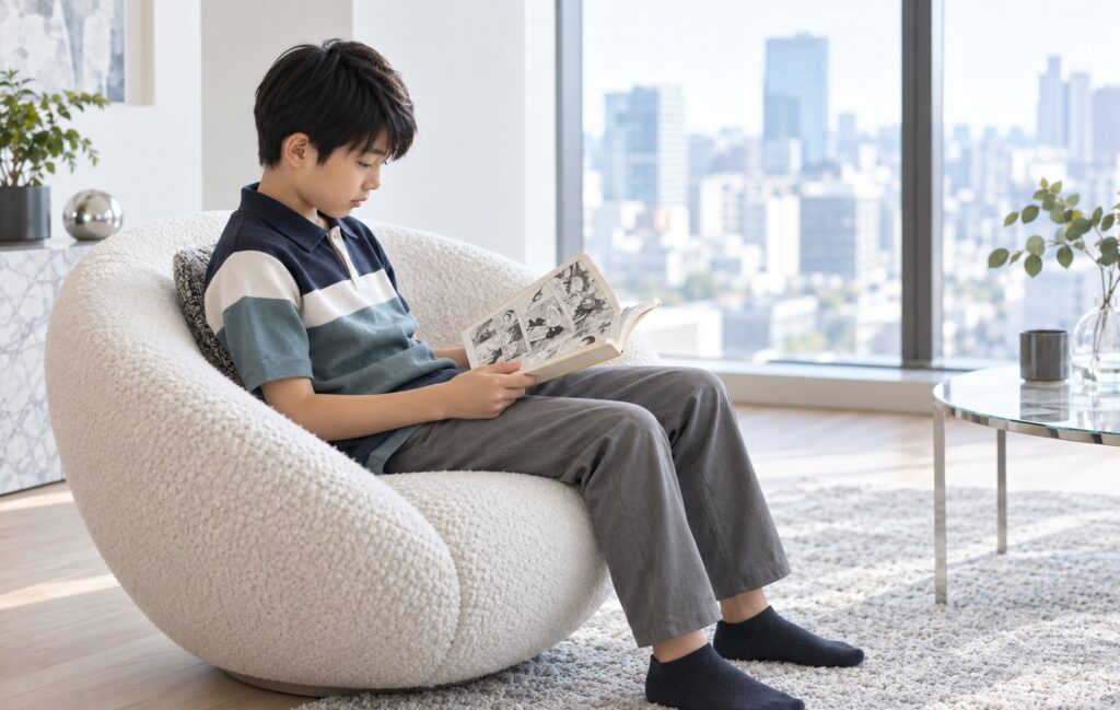 白を基調としたリビングで伝記まんがを読む小学生の男の子