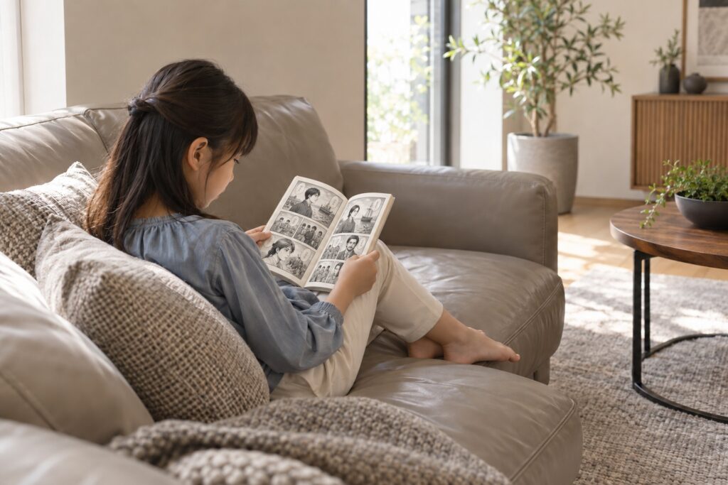 革のソファで伝記まんがを読む小学生の女の子