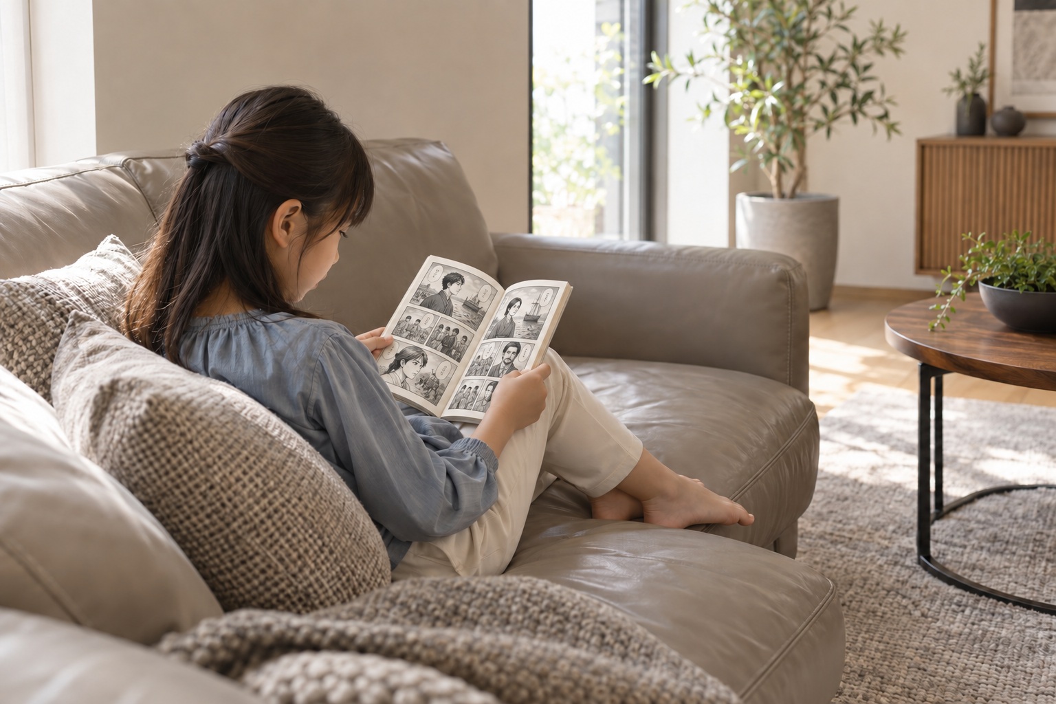 革のソファで伝記まんがを読む小学生の女の子
