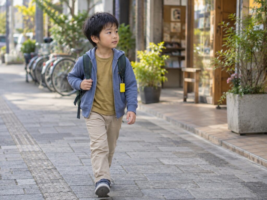 防犯ブザーをつけたリュックを背負い、商店街の歩道を歩く年長から小学校低学年くらいの男の子