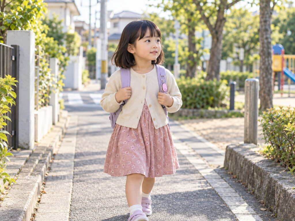 防犯ブザーをつけたリュックを背負い、住宅街を歩く年長くらいの女の子