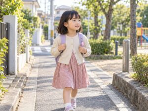 防犯ブザーをつけたリュックを背負い、住宅街を歩く年長くらいの女の子