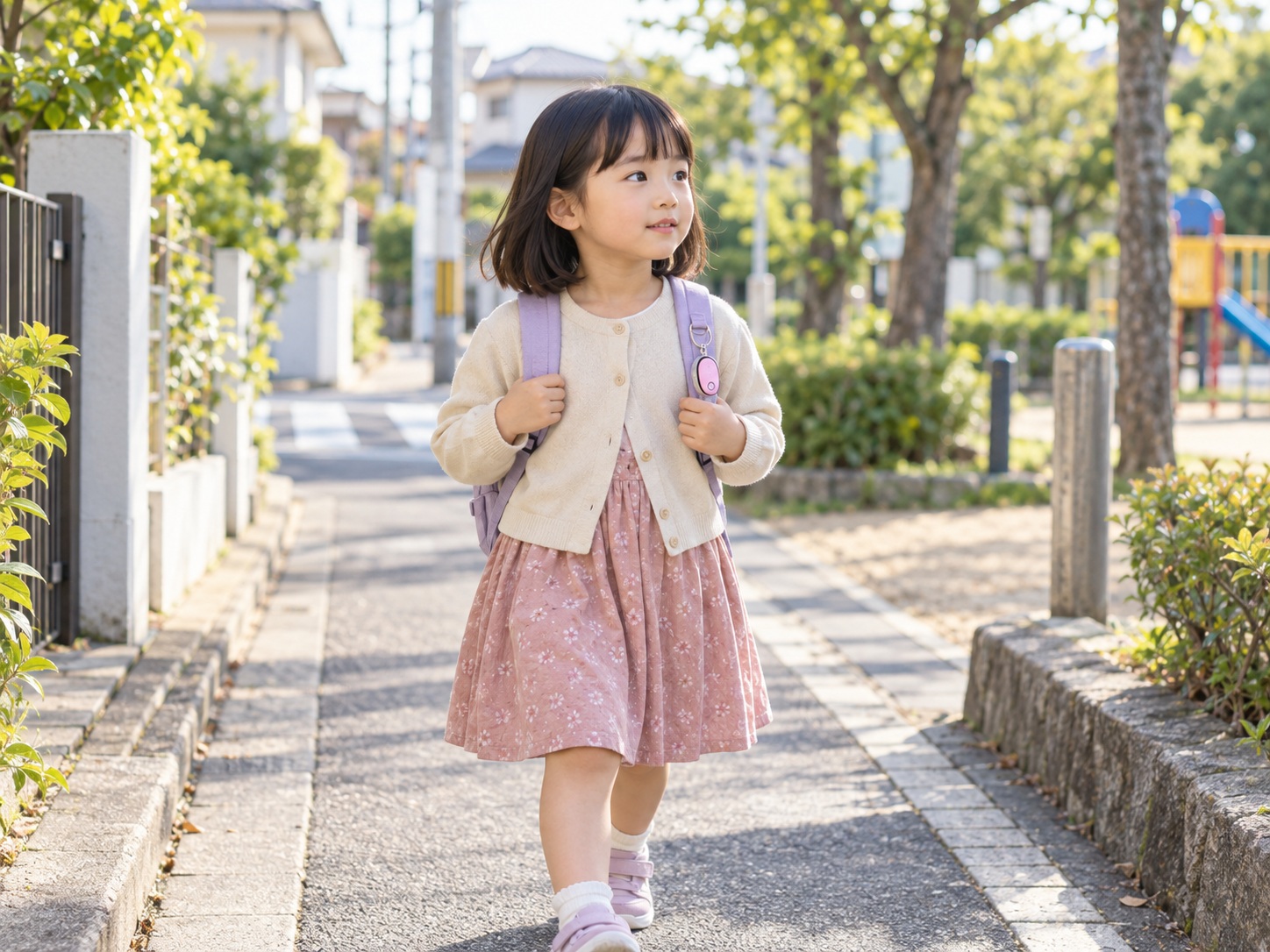 防犯ブザーをつけたリュックを背負い、住宅街を歩く年長くらいの女の子