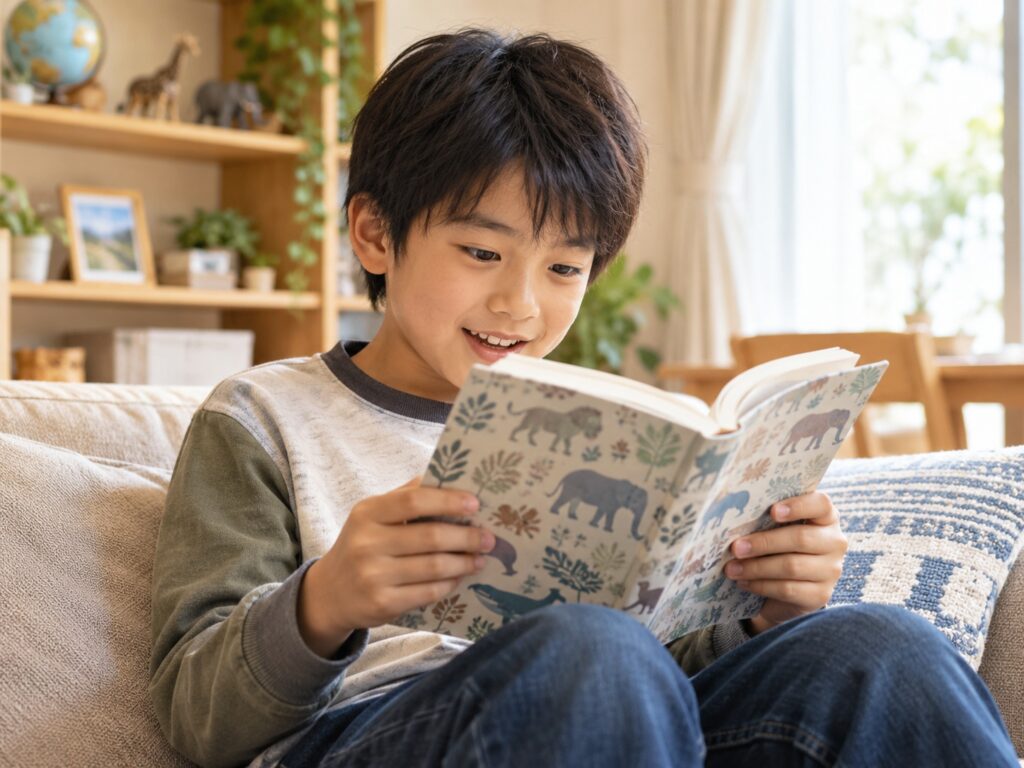 動物柄のブックカバーをかけた本を、リビングのソファで楽しそうに読む小学生の男の子