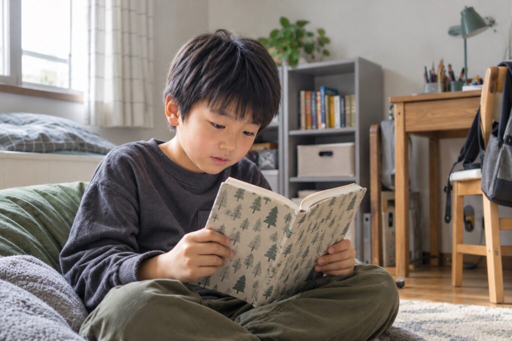 くすみグレーとグリーンを基調とした子ども部屋で、柄付きのブックカバーをかけた本を夢中で読む小学生の男の子。