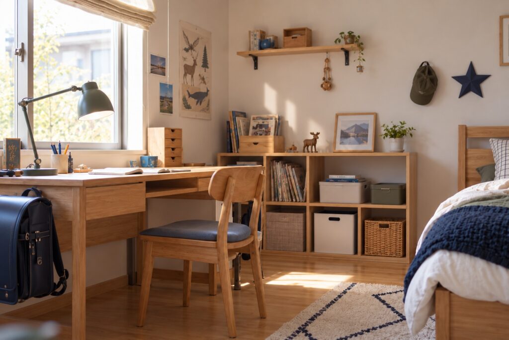 木製家具と落ち着いた色合いで整えられた、小学生の男の子の部屋