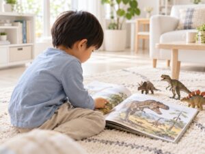 白を基調とした明るいリビングで、恐竜の絵本に夢中になる4歳くらいの男の子。そばには恐竜のフィギュアが並んでいる。
