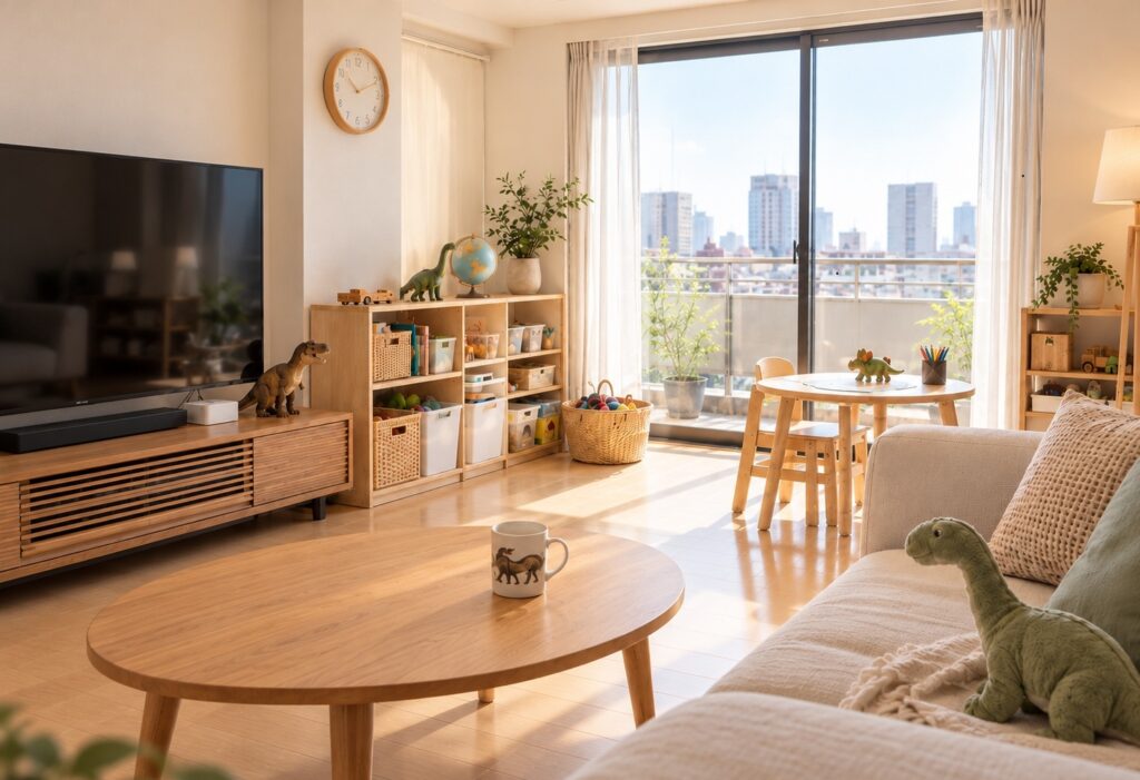恐竜のおもちゃやぬいぐるみが置かれた、日本のマンションの明るいリビング。子ども用の机やおもちゃの収納棚があり、恐竜好きな子どもの暮らしが感じられる。