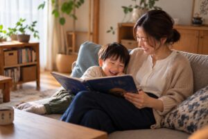 リビングのソファで、おばけの絵本を楽しそうに読む母親と男の子