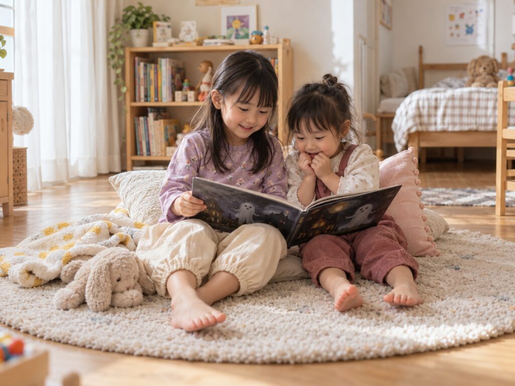 室内でおばけの絵本を一緒に楽しむ6歳と3歳の姉妹。姉が絵本を持ち、妹がわくわくした表情でのぞきこんでいる。