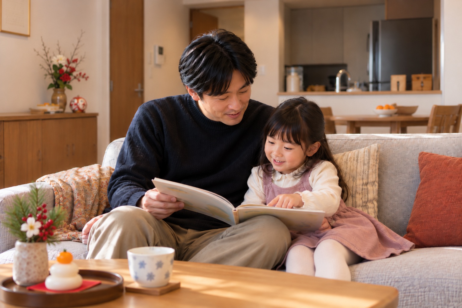 お正月飾りのあるリビングで、父親と女の子が一緒に絵本を読んでいる様子