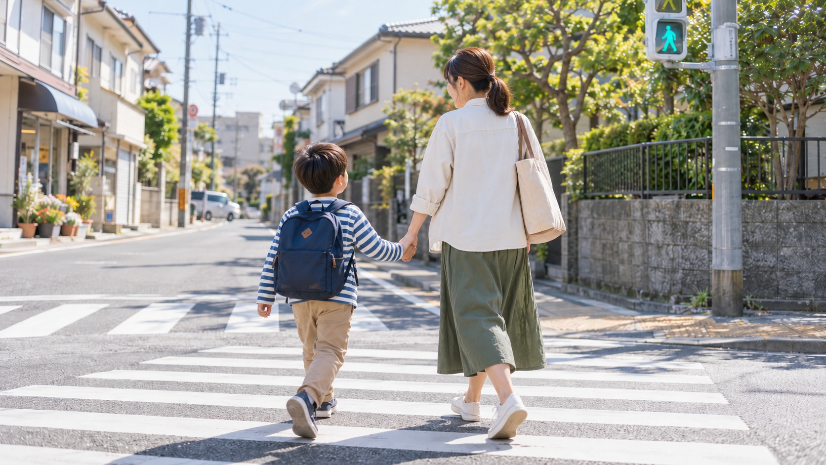 青信号の横断歩道を、手をつないで渡る母親と男の子。日本の住宅街で交通安全を学ぶ親子の様子。