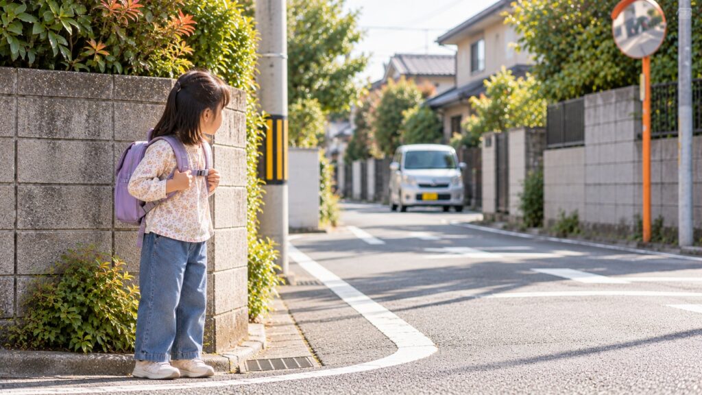 住宅街の曲がり角で立ち止まり、車が来ないか確認する女の子。交通安全を意識しながら道路の様子を確かめている。